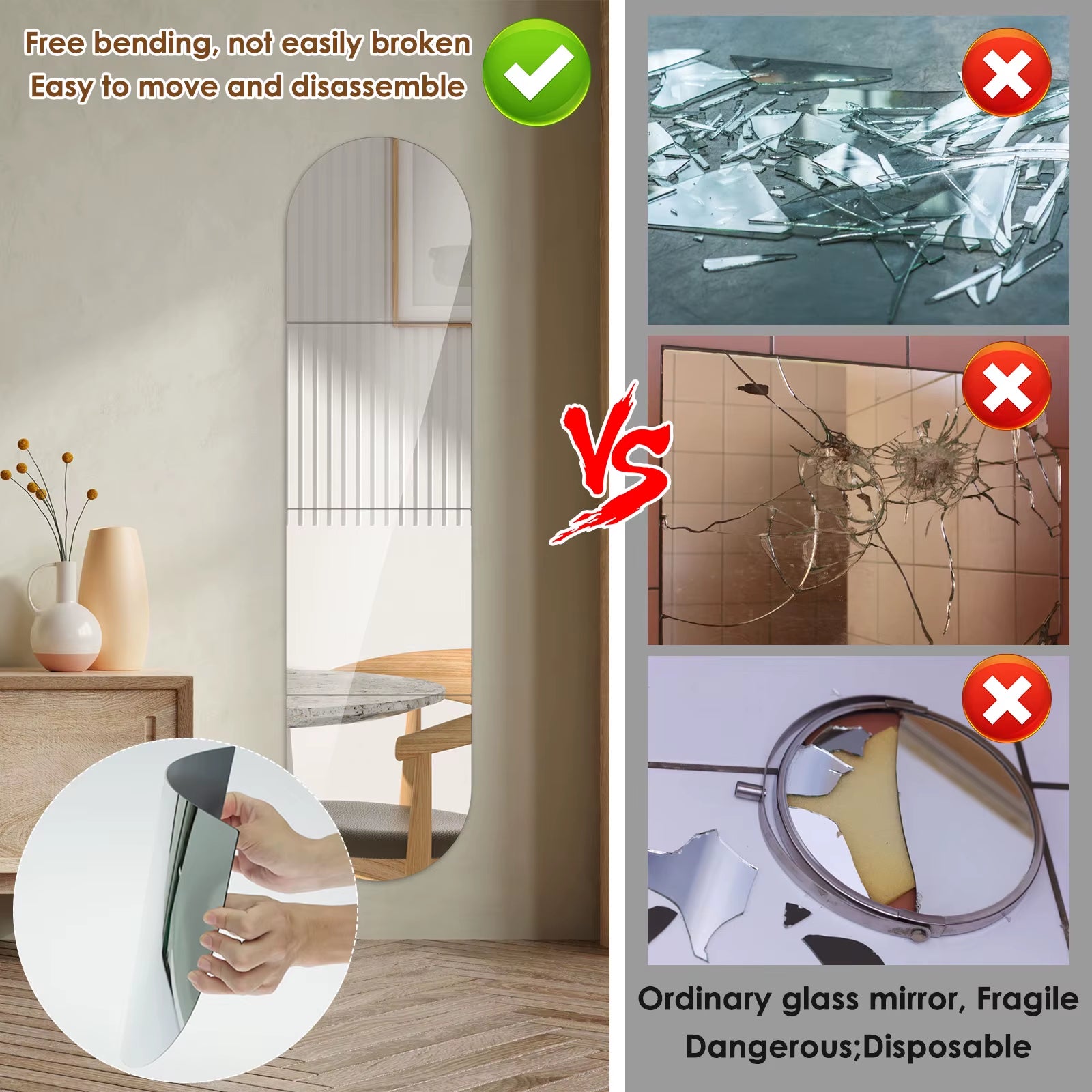4Pcs Full Length Acrylic Mirror Set for Wall Self Adhesive Acrylic Mirror DIY Flexible Stickers Acrylic Mirror Tiles for Decor